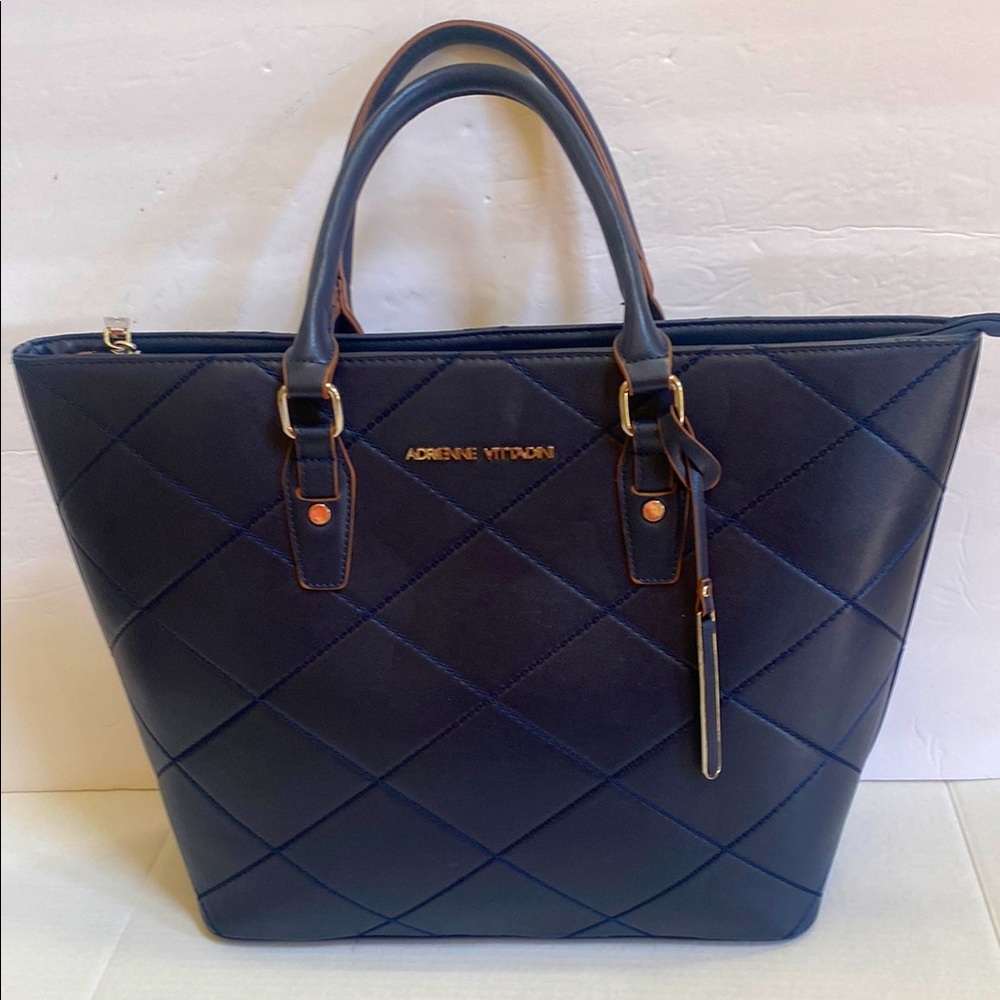 Adrienne Vittadini Navy Blue Quilted faux leather satchel tote Bag